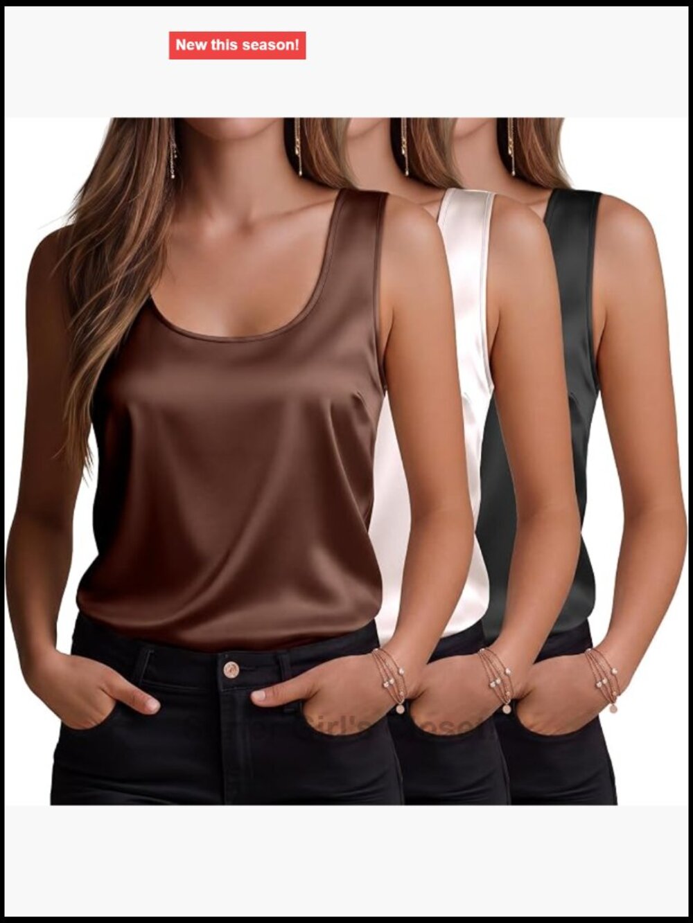 3 Pack Women's Silk Satin Scoop Neck Tank Tops Sleeveless Loose Fit Camis